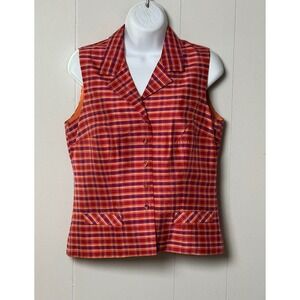 Harolds Women's Silk Plaid Vest Orange Purple Red Button Front Sleeveless Size 8